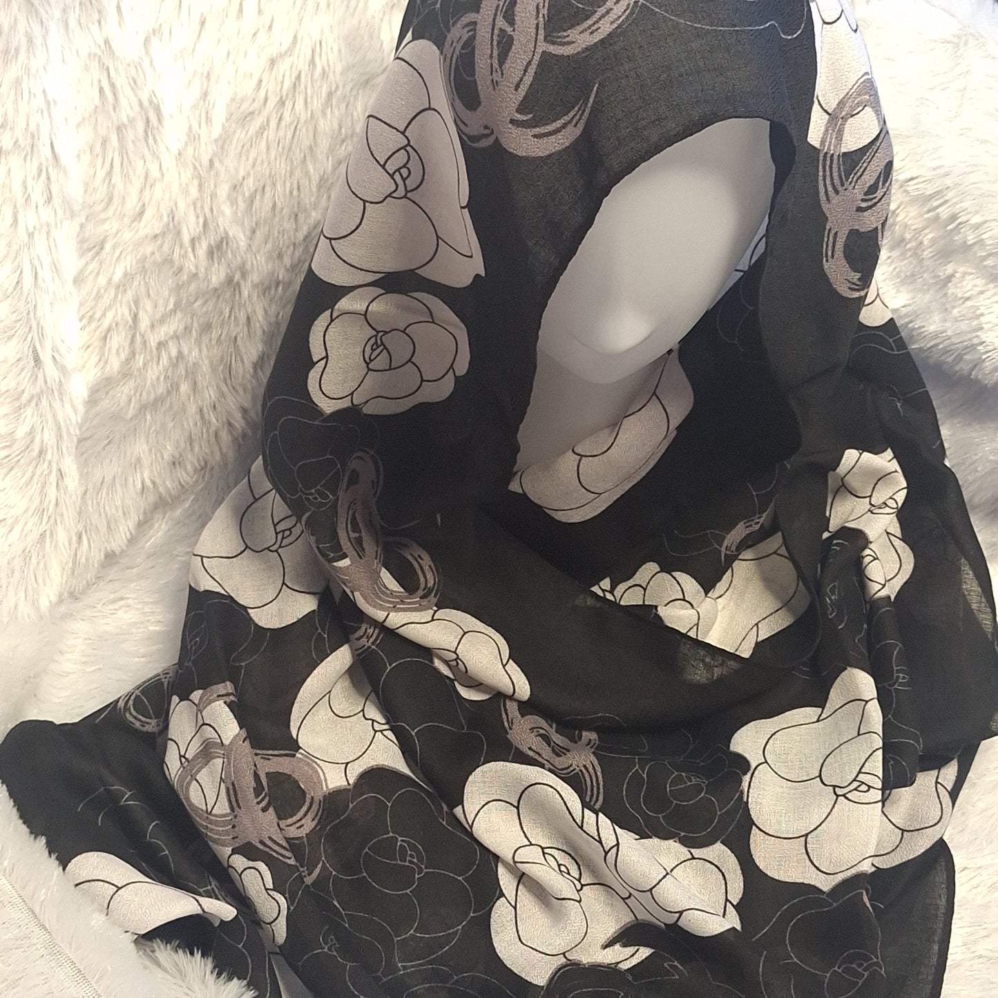 Black with White Roses Viscose Scarf