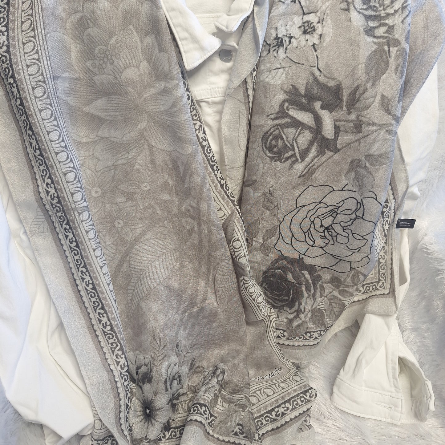 Grey with White Rose Print Viscose Scarf