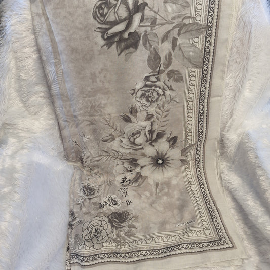 Grey with White Rose Print Viscose Scarf