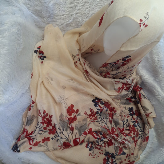 Cream with Red Small Floral Print Viscose Scarf