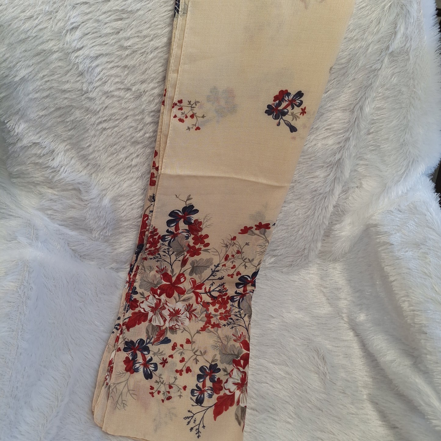 Cream with Red Small Floral Print Viscose Scarf