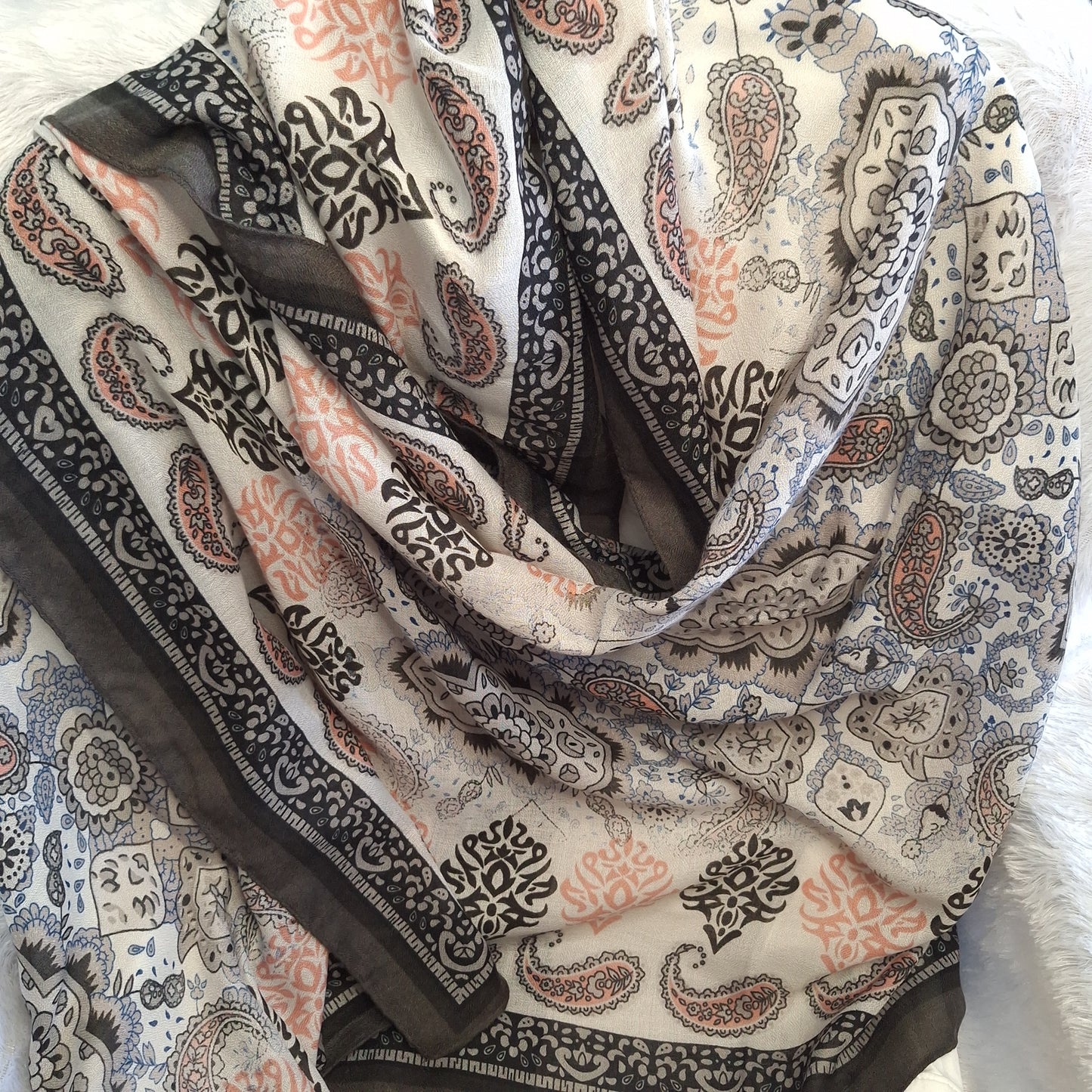 White and Black Small Paisley Print Viscose Scarf