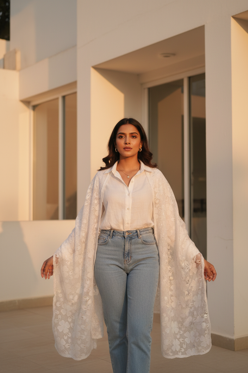 Ivory Serenity — Chiffon Shimmer Print Scarf