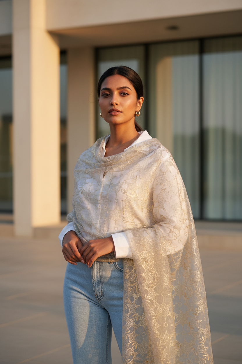 Taupe Serenity — Chiffon Shimmer Print Scarf