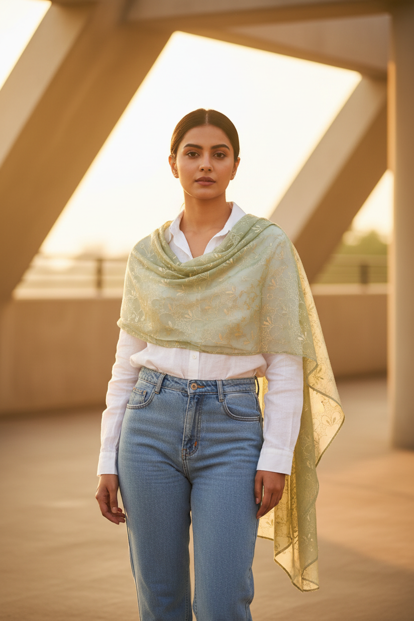 Sage Serenity — Chiffon Shimmer Print Scarf