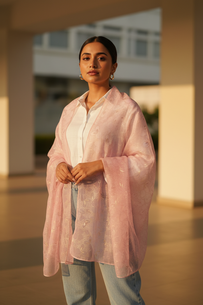 Soft Blush Serenity — Chiffon Shimmer Print Scarf