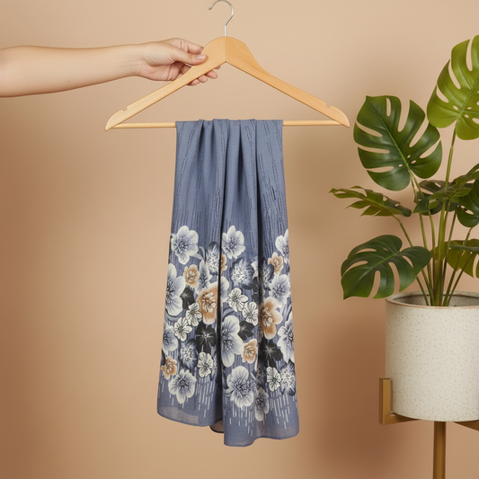 Dusty Blue Blossom Print Viscose Scarf
