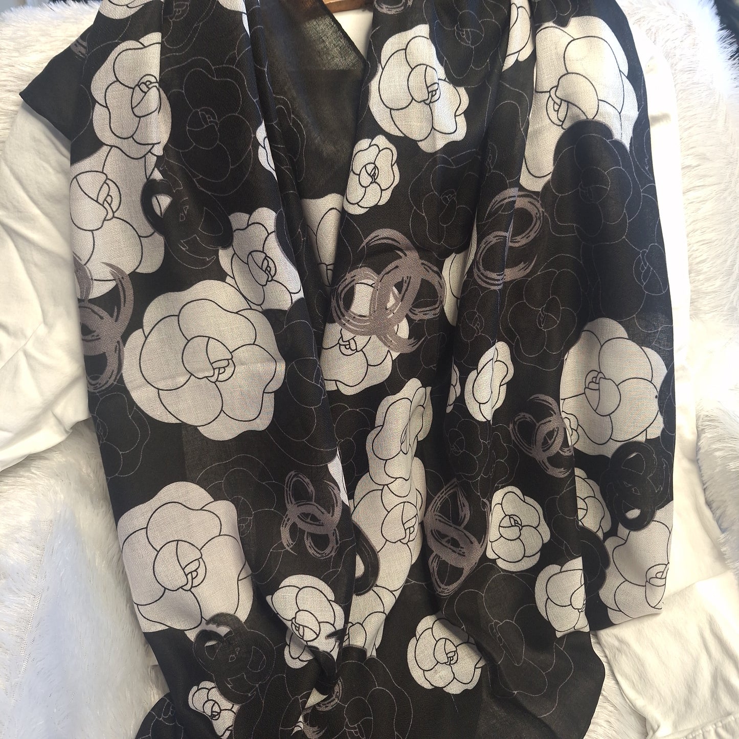 Black with White Roses Viscose Scarf
