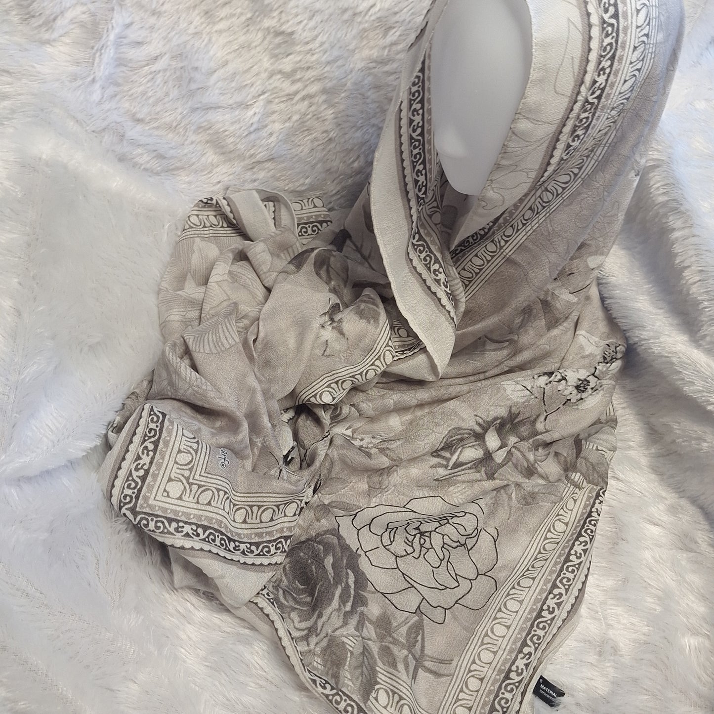 Grey with White Rose Print Viscose Scarf