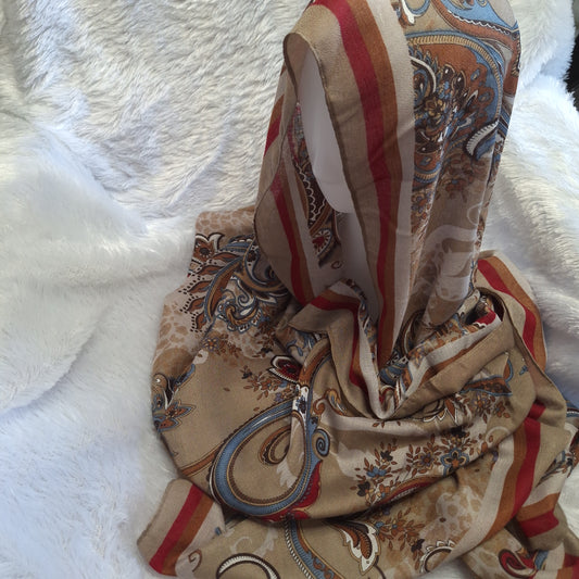 Brown Paisley and Floral Print Viscose Stole