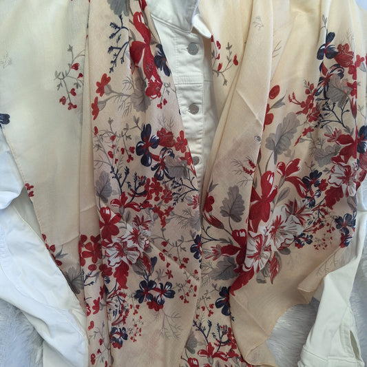Cream with Red Small Floral Print Viscose Scarf