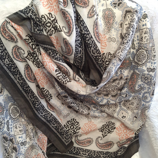 White and Black Small Paisley  Print Viscose Scarf