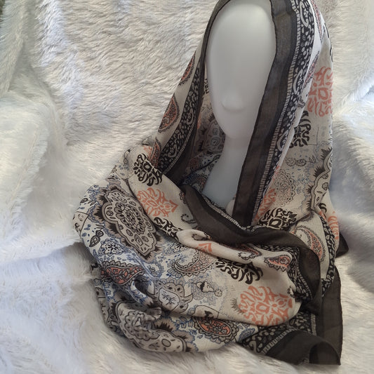 White and Black Small Paisley  Print Viscose Scarf