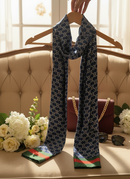 Classic Bleu Monogram — Silk Feel Satin Scarf