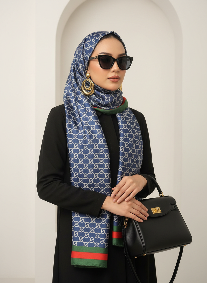 Classic Bleu Monogram — Silk Feel Satin Scarf