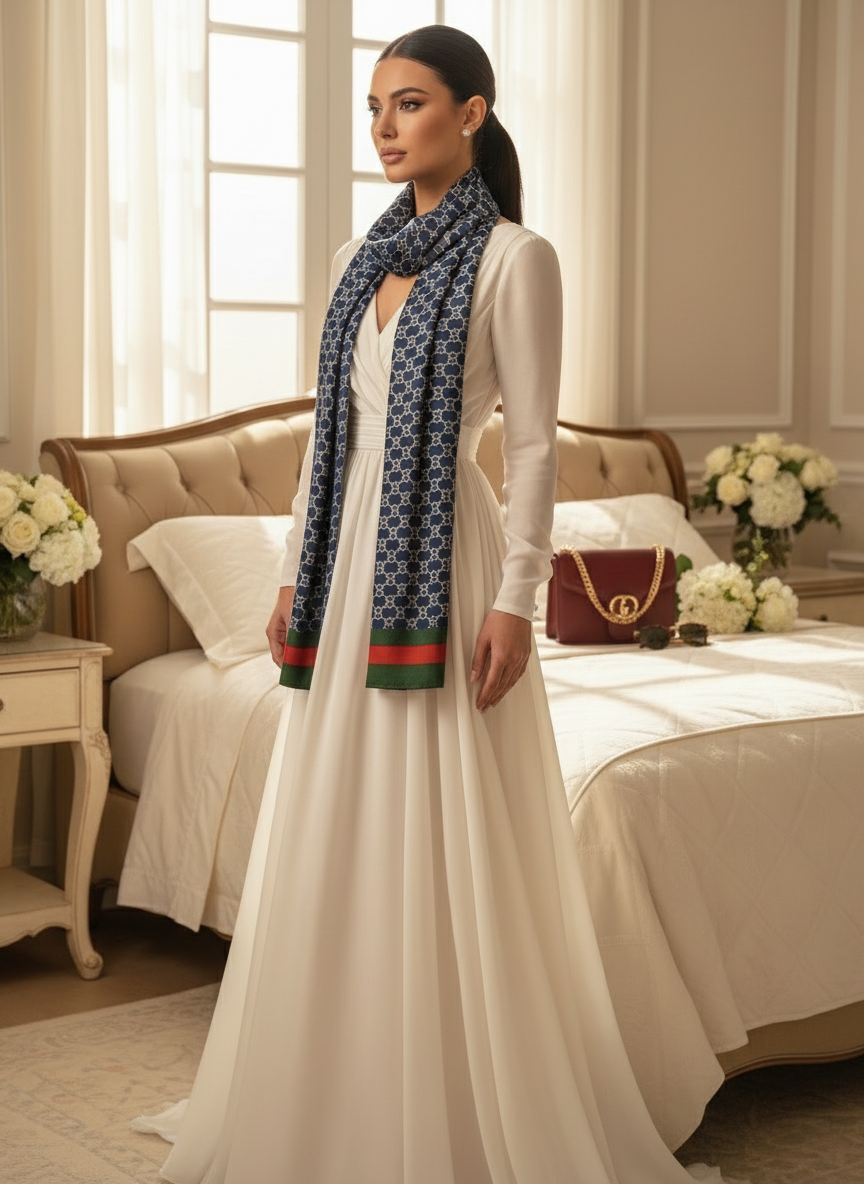 Classic Bleu Monogram — Silk Feel Satin Scarf