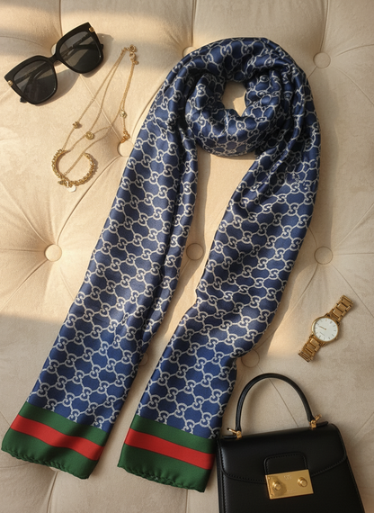 Classic Bleu Monogram — Silk Feel Satin Scarf