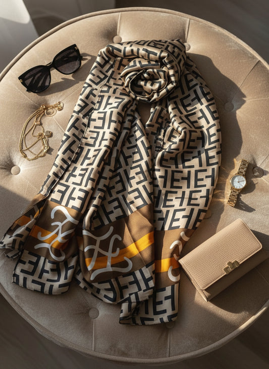 Caramel Monogram Printed Silk Scarf