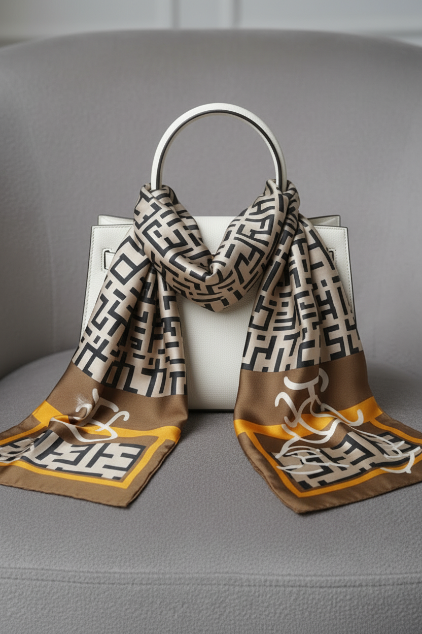 Caramel Monogram Printed Silk Scarf