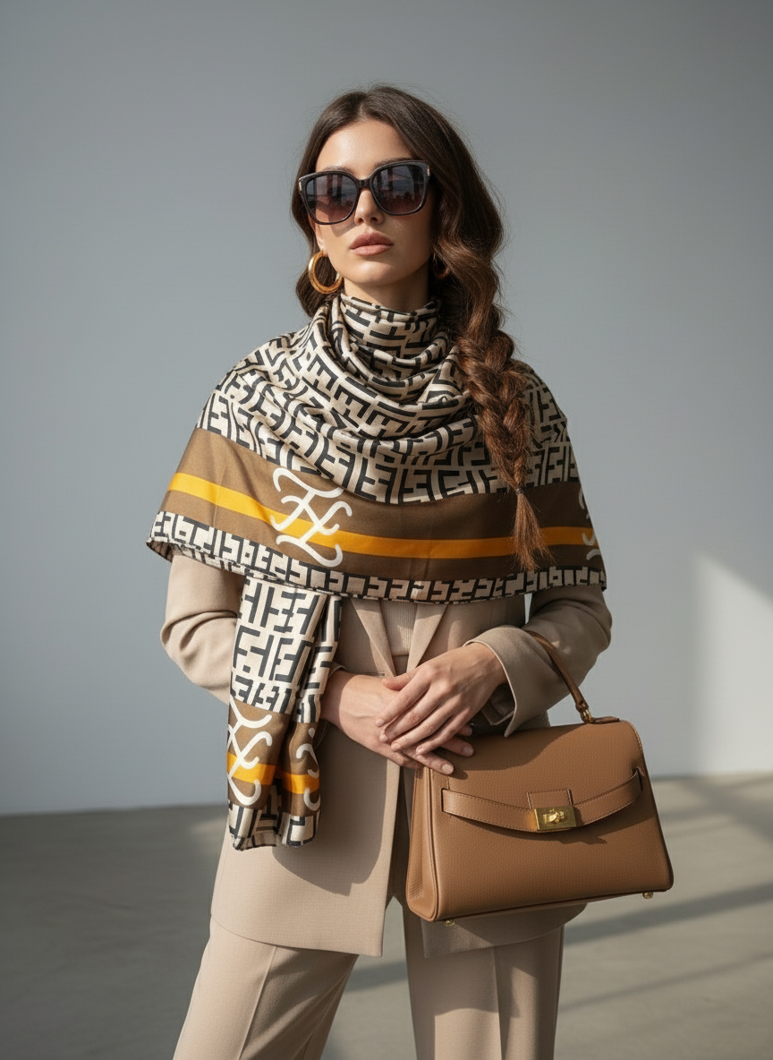 Caramel Monogram Printed Silk Scarf