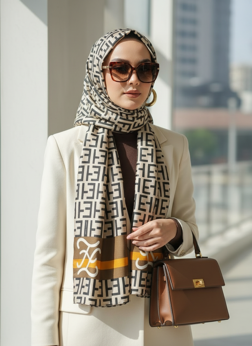 Caramel Monogram Printed Silk Scarf