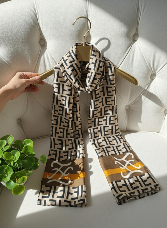 Caramel Monogram Printed Silk Scarf