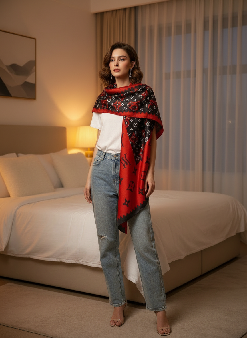 Crimson Noir Printed Silk Stole