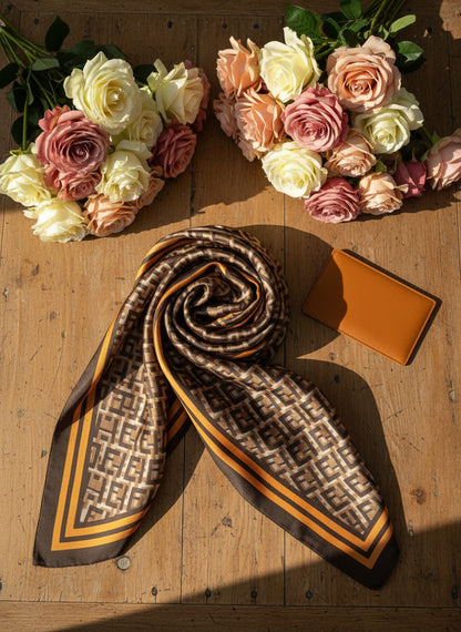 Caramel Grid Silk Scarf