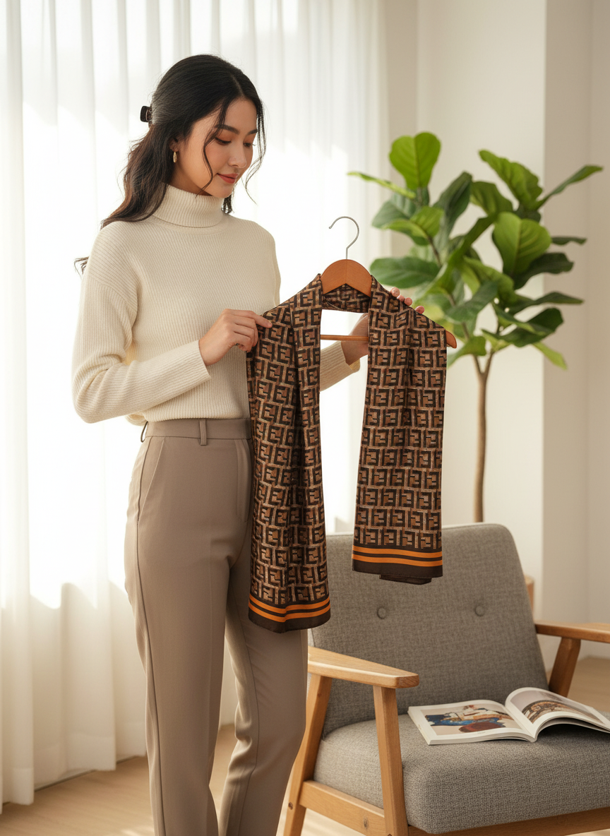 Caramel Grid Silk Scarf