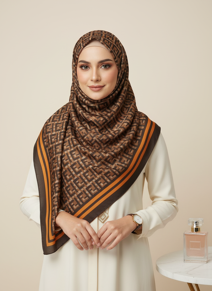Caramel Grid Silk Scarf