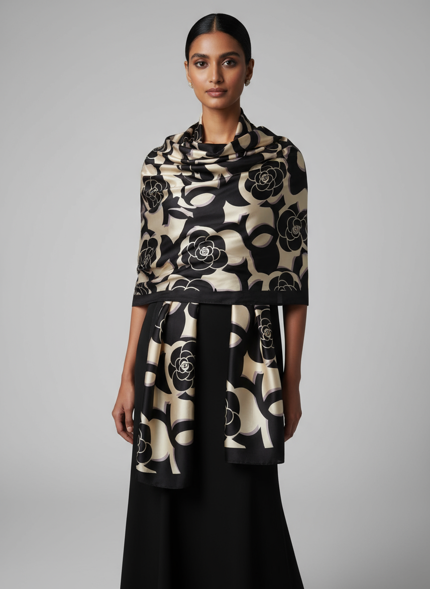 Moonlit Petals Printed Silk Scarf