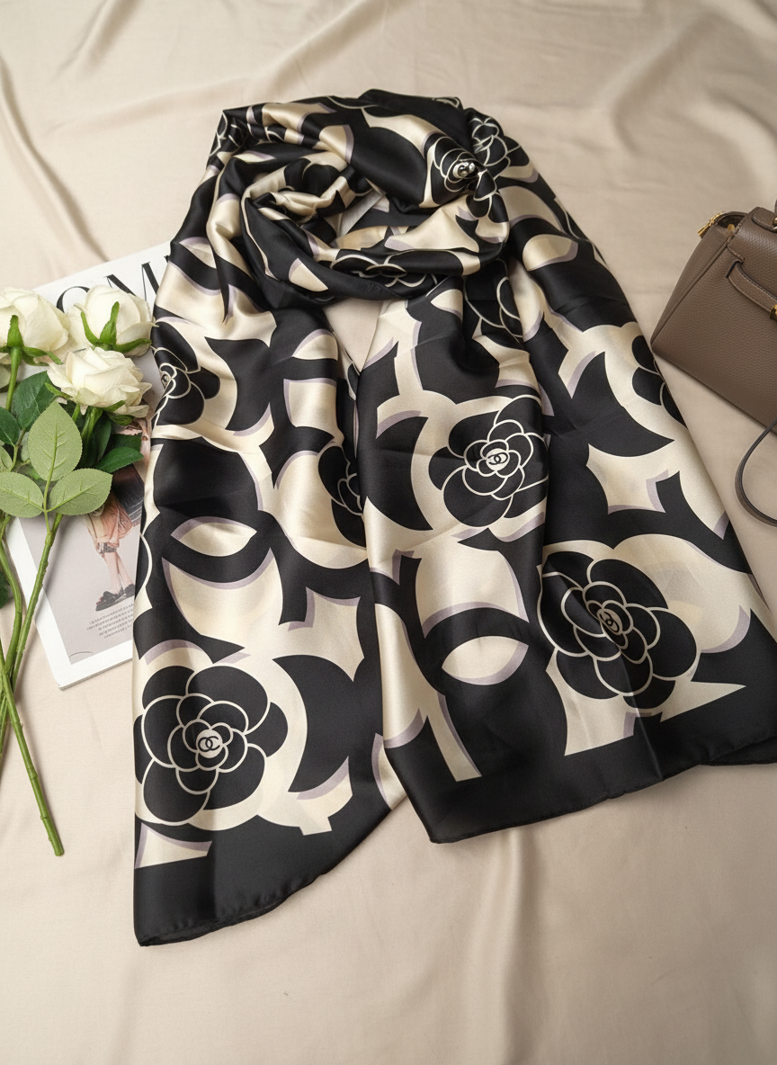 Moonlit Petals Printed Silk Scarf