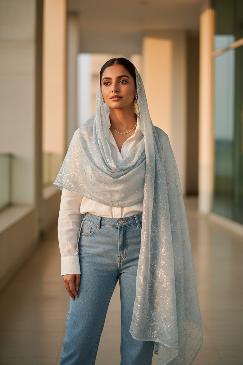 Powder Blue Serenity — Chiffon Shimmer Print Scarf