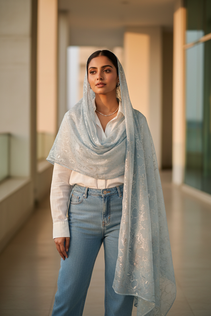 Powder Blue Serenity — Chiffon Shimmer Print Scarf