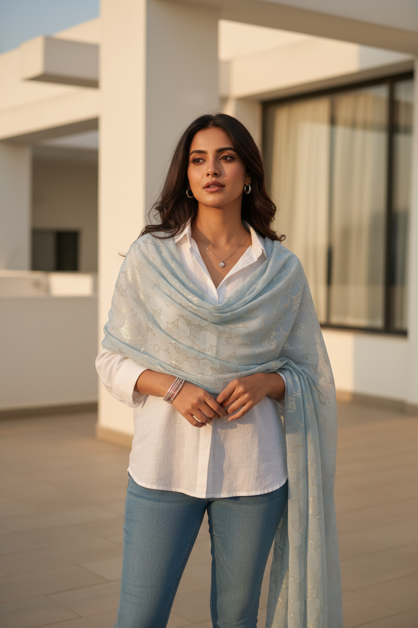 Powder Blue Serenity — Chiffon Shimmer Print Scarf