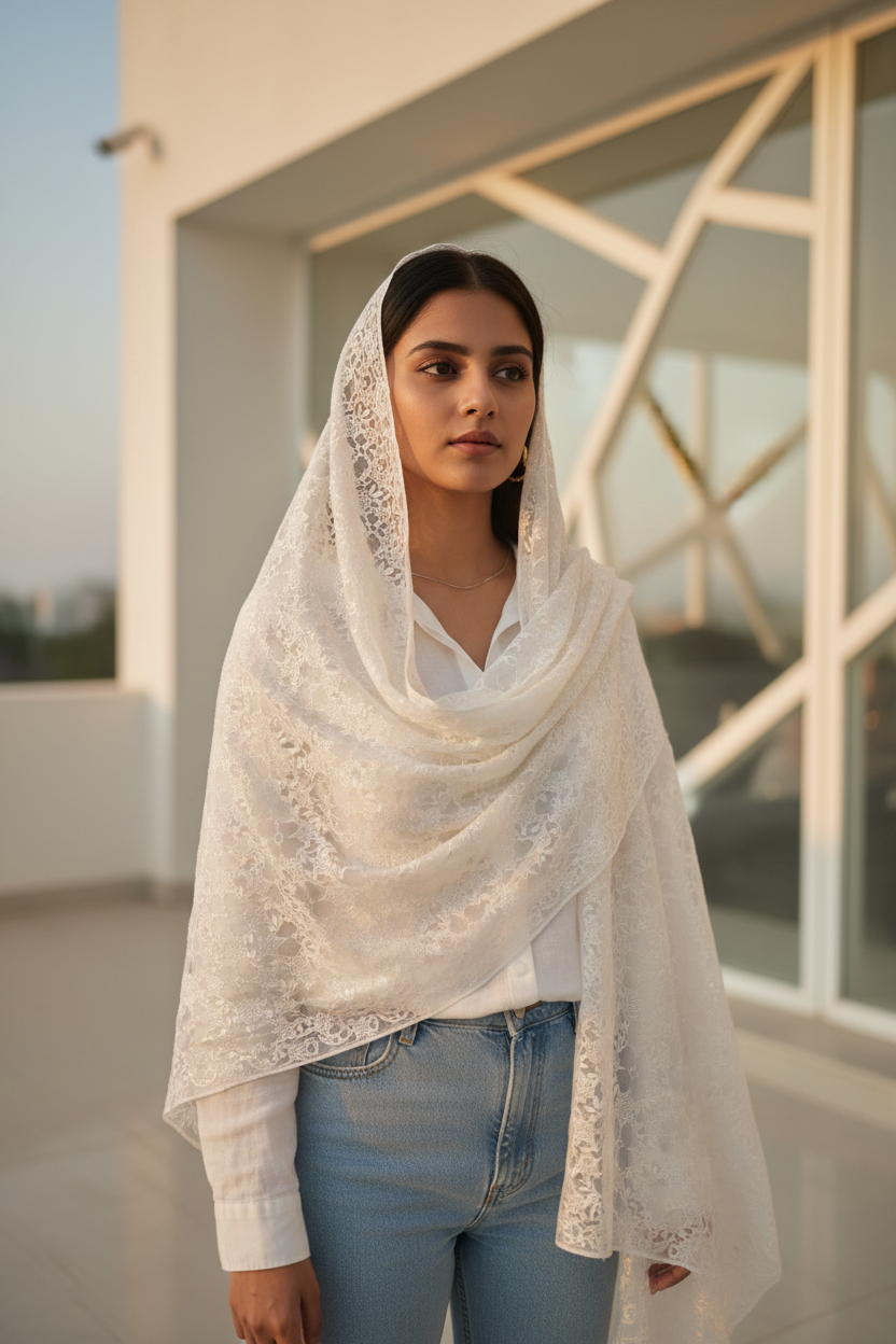 Ivory Serenity — Chiffon Shimmer Print Scarf