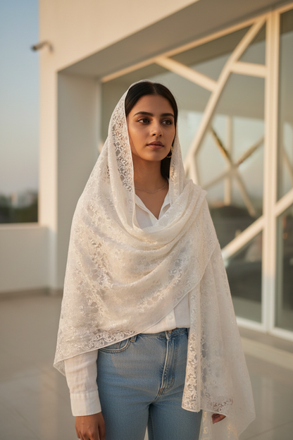 Ivory Serenity — Chiffon Shimmer Print Scarf