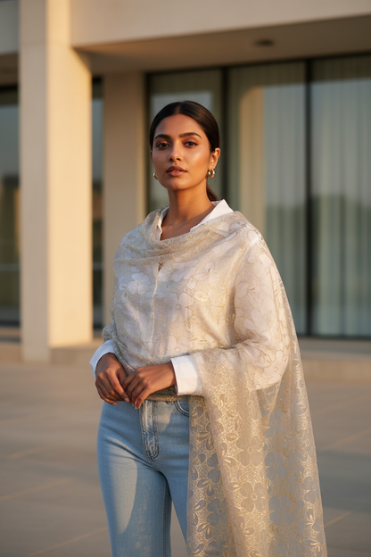 Taupe Serenity — Chiffon Shimmer Print Scarf