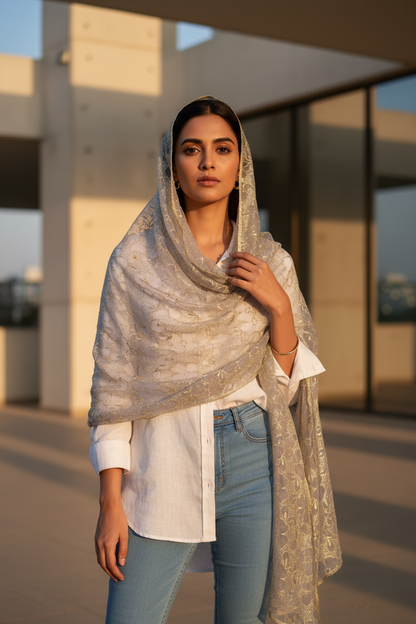 Taupe Serenity — Chiffon Shimmer Print Scarf