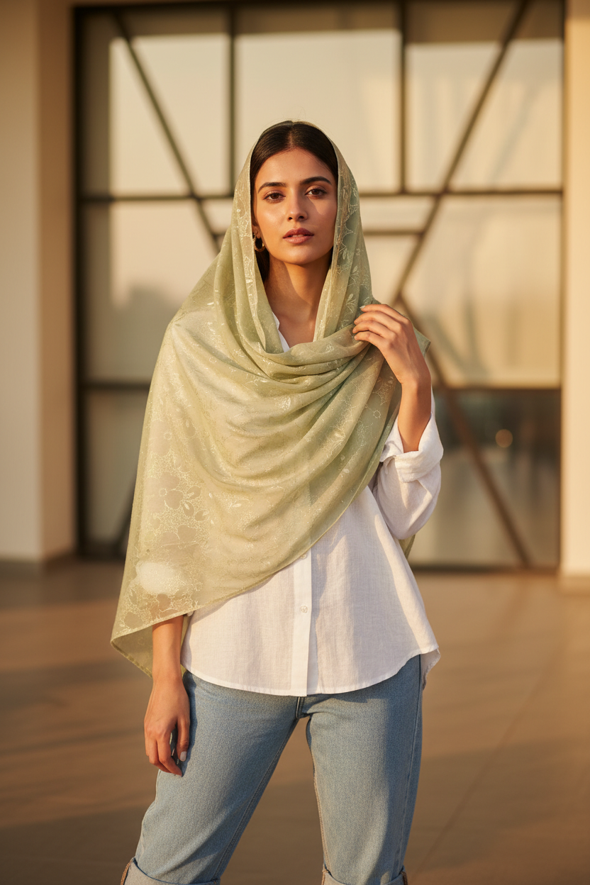 Sage Serenity — Chiffon Shimmer Print Scarf