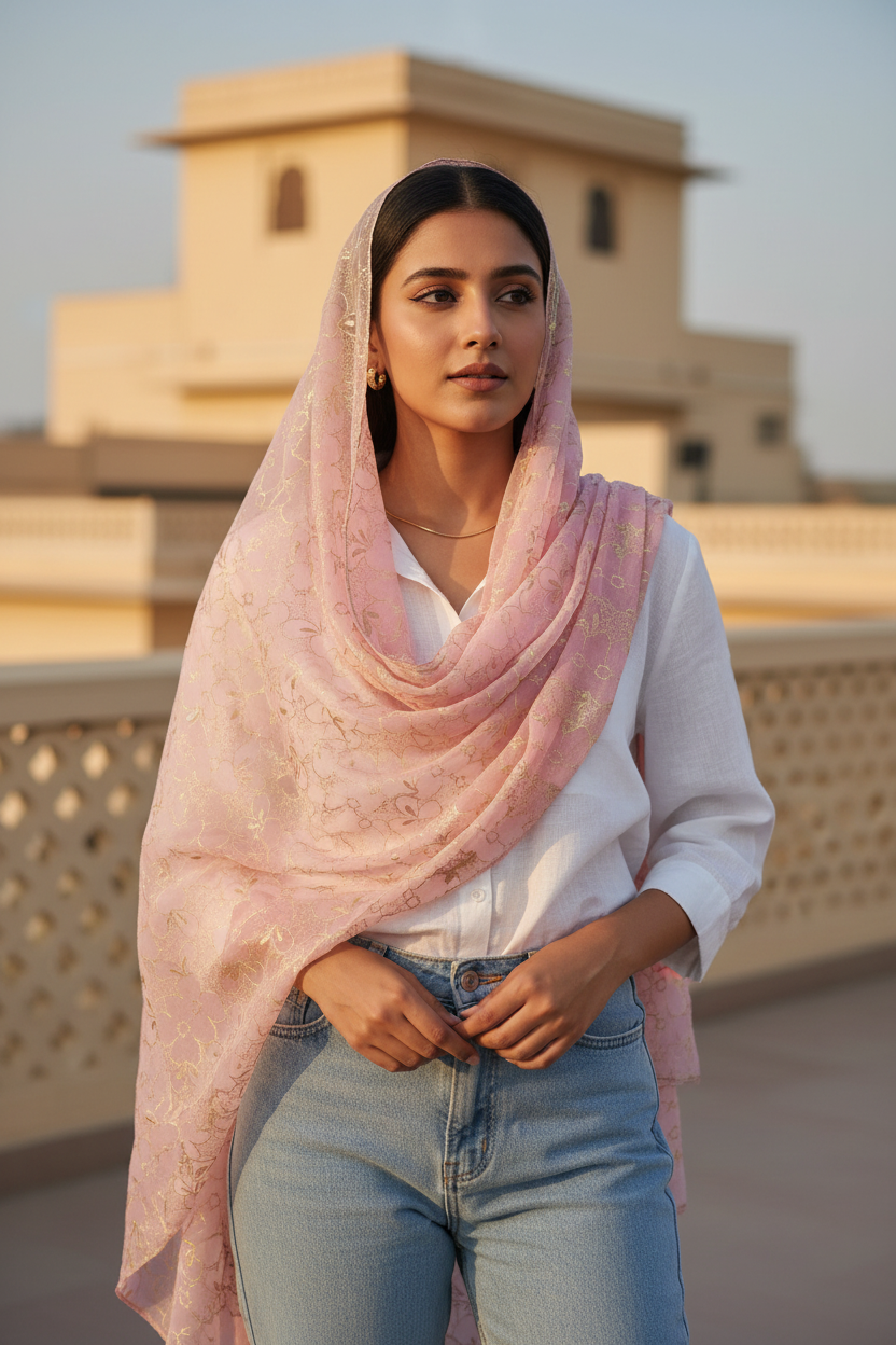 Soft Blush Serenity — Chiffon Shimmer Print Scarf