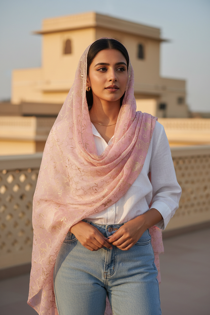 Soft Blush Serenity — Chiffon Shimmer Print Scarf