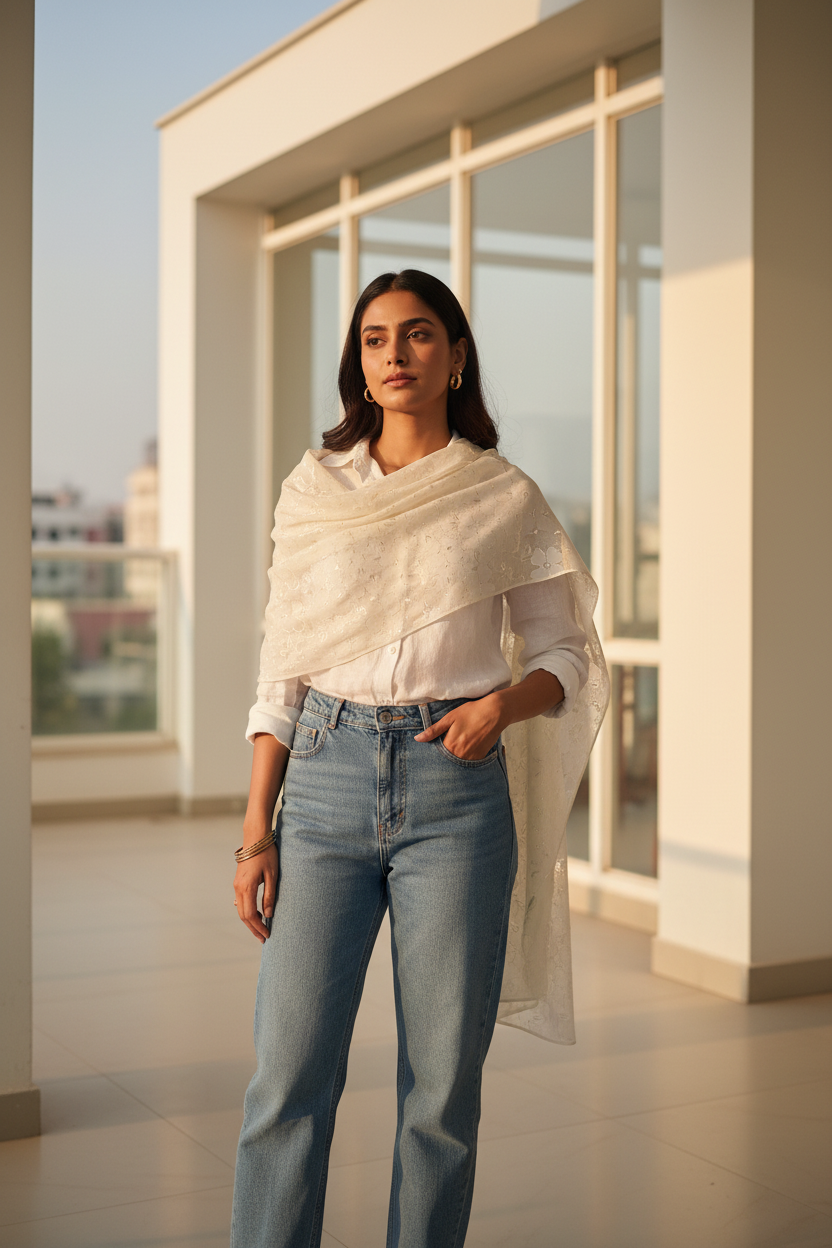 Champagne Serenity — Chiffon Shimmer Print Scarf