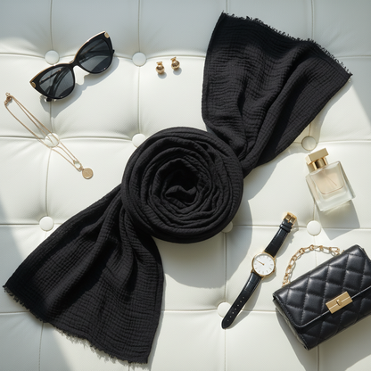 Noir Charm — Crinkled Cotton Scarf