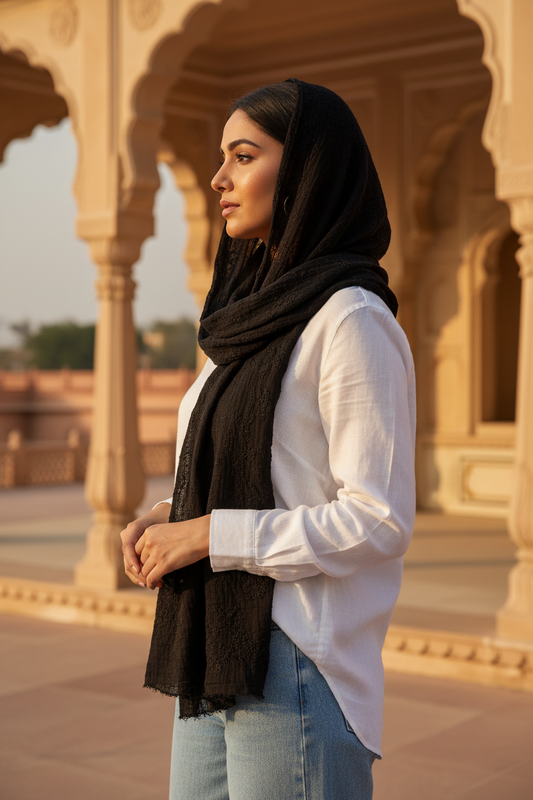 Noir Charm — Crinkled Cotton Scarf