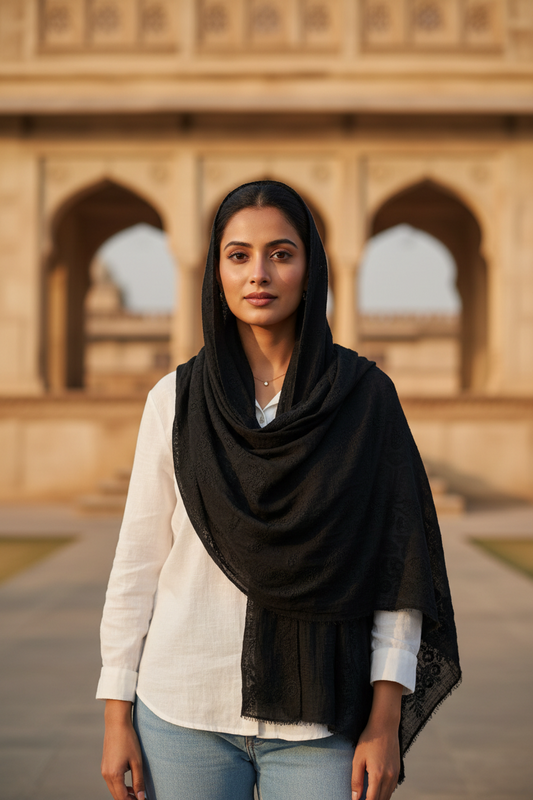 Noir Charm — Crinkled Cotton Scarf