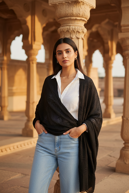 Noir Charm — Crinkled Cotton Scarf