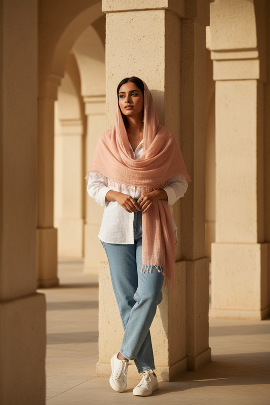 Coral Dusk — Crinkled Cotton Scarf