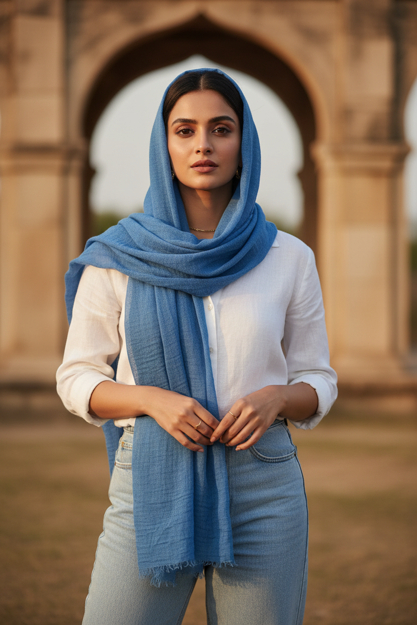 Denim Dusk — Crinkled Cotton Scarf