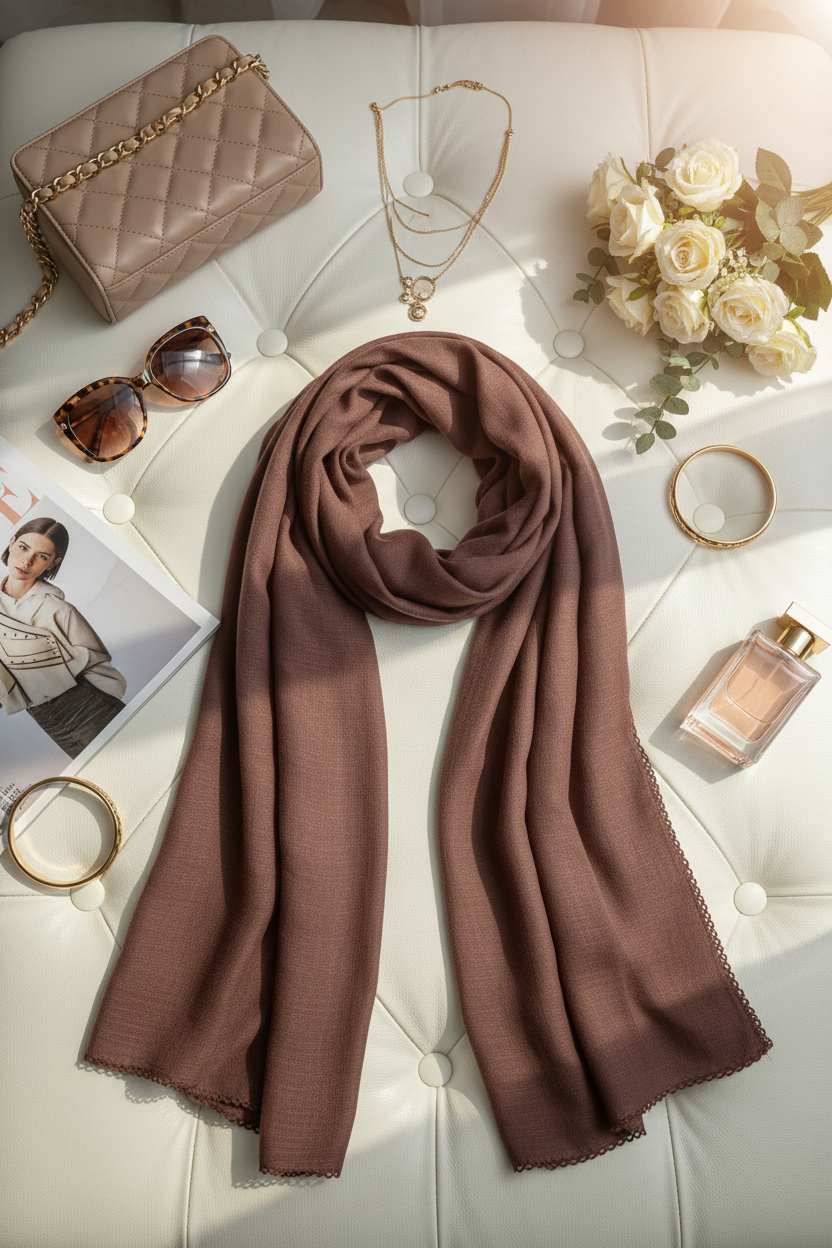 Berry Taupe - Zera Crochet Cotton Scarf